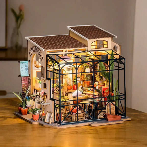 Kit Maison Miniature DIY Boutique De Fleurs – Serre En Bois Avec Lumières LED – Décor Livre Et Bibliothèque – Cadeau Adulte Et Enfant